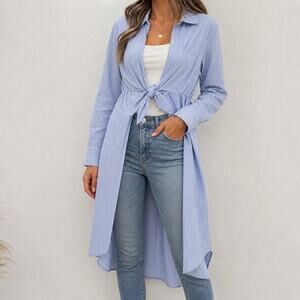 ASTR Blue White Striped Tie Front Duster Blouse Longline Top Sz XS